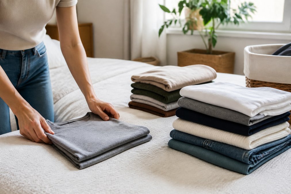 Hands demonstrating efficient folding technique on clean laundry on a bed, with neatly folded clothes stacked and ready for storage in natural home lighting