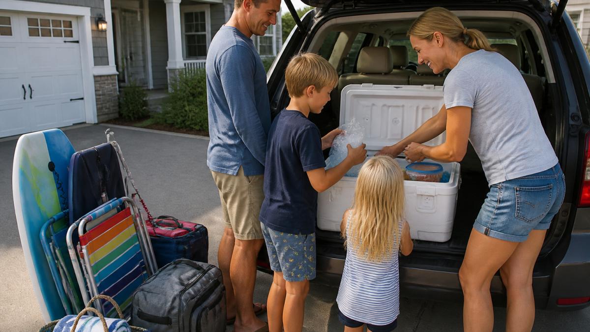 A family loading a packed cooler with ice packs and airtight containers into the back of an SUV, beach gear and luggage visible, bright morning light outside a suburban home