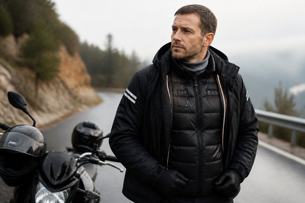 A motorcycle commuter in full winter riding gear standing beside their bike on a cold morning, showing visible layered clothing including a thermal base layer peeking at the collar, a mid-layer jacket, and a waterproof outer shell, photographed in soft overcast morning light