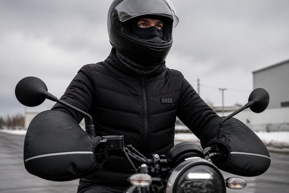 Close-up of a rider's gloved hands gripping motorcycle handlebars fitted with large handlebar muffs, a neck gaiter visible at the collar and a balaclava under a full-face helmet, shot on a cold overcast day with muted grey light