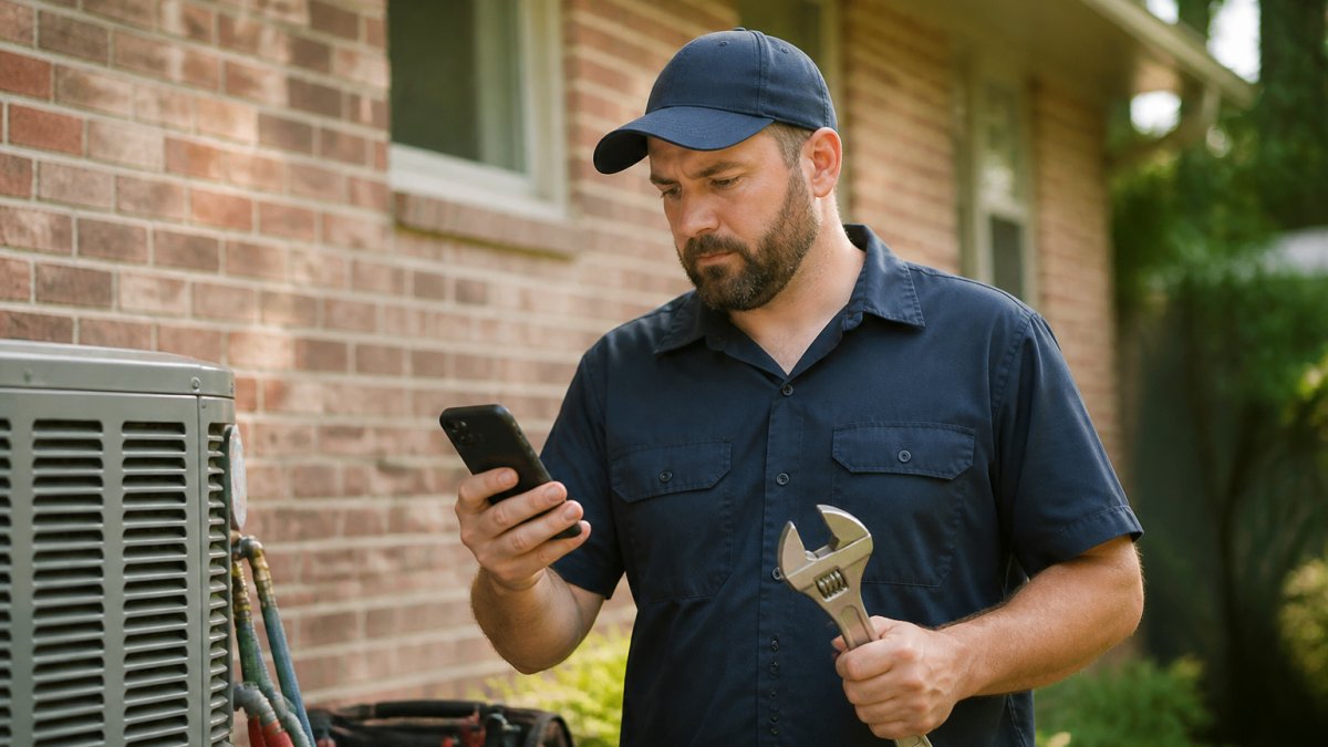 Trade contractor reviewing lead details on a smartphone to keep business number AI connected on the job site.