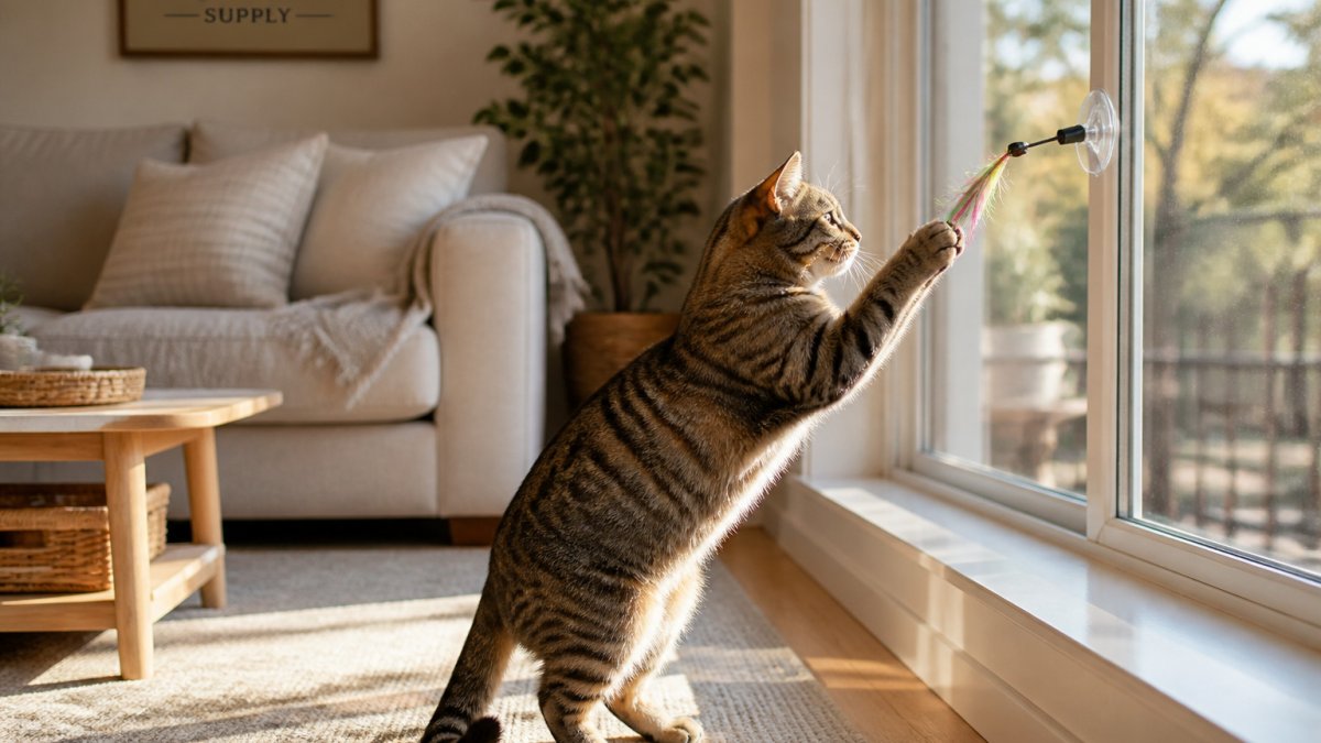 Tabby cat batting at a suction cup teaser toy on a sunny living room window