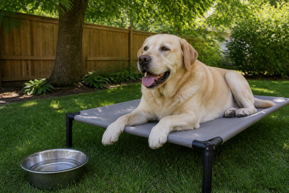 Large dog resting on an elevated mesh cot in a shaded backyard, a key step in how to keep your dog cool during summer.