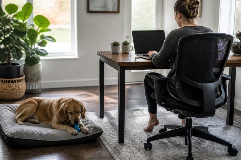 Person working on a laptop while their dog stays occupied while working on a chew toy in a cozy home office.