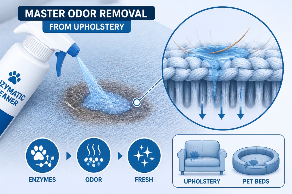 Close-up of enzymatic cleaner being applied to upholstery stain with pet hair visible, showing the liquid soaking into fabric fibers under natural lighting