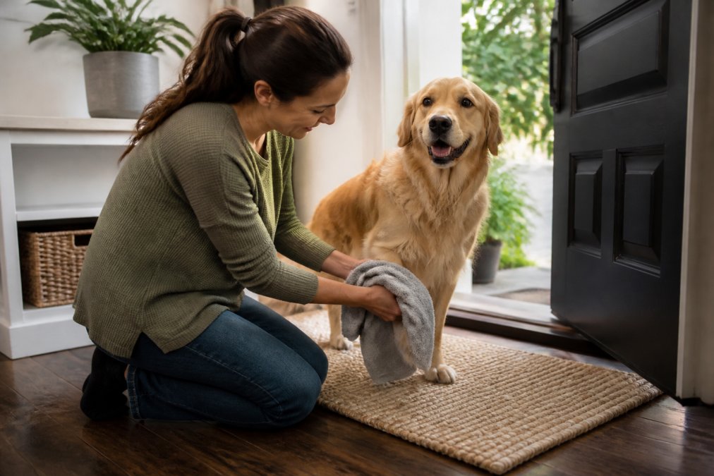 Pet owner wiping a dog's paws on a textured mat at the front door, with a clean entryway visible in the background and natural light from the window