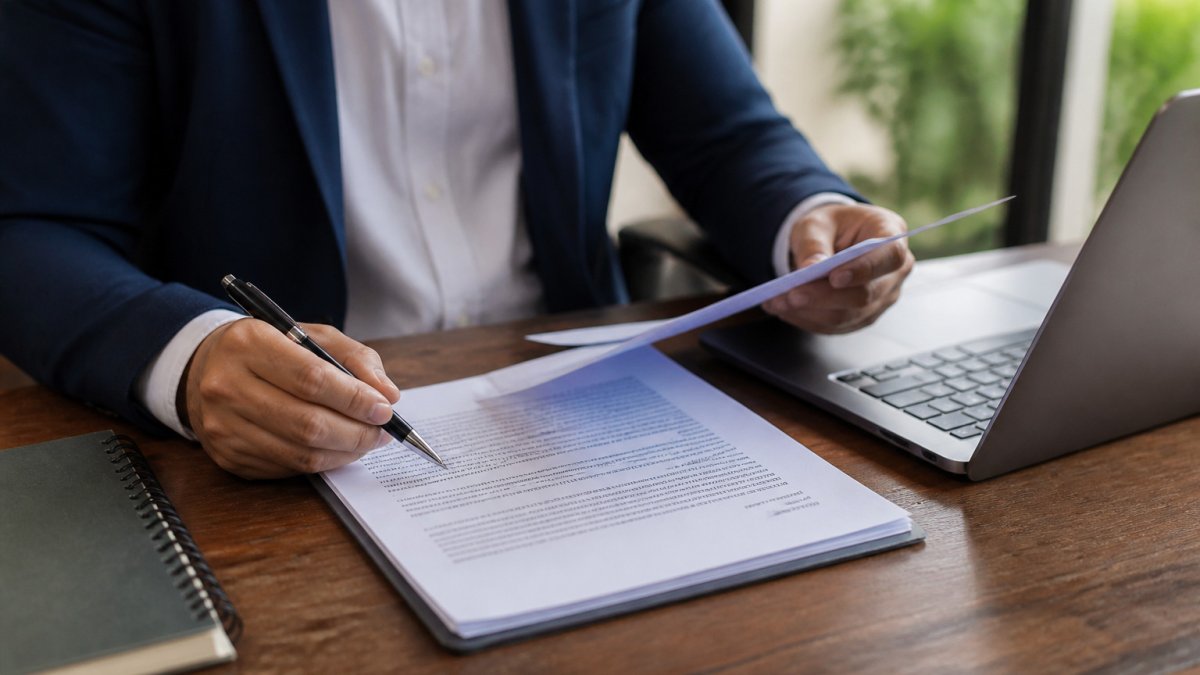 Real estate investor reviewing purchase contracts and closing documents at a desk with a laptop