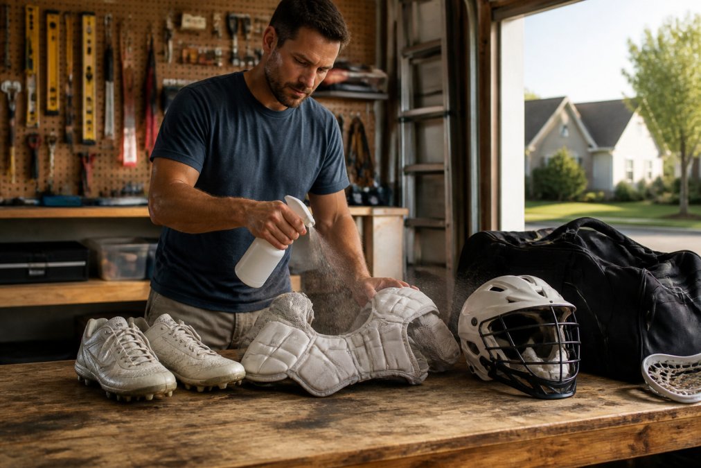 A parent in a suburban garage spraying a bio-based odor eliminator onto a child's lacrosse pads and cleats laid out on a wooden workbench, with a gym bag and helmet nearby, warm afternoon light through the open garage door