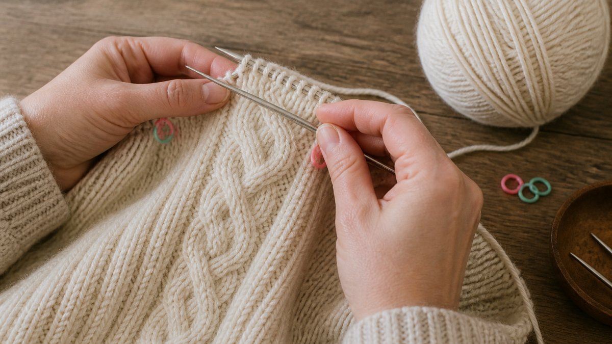 Knitter working a cable stitch on a cream wool sweater using a cable needle and stitch markers on a wooden table.