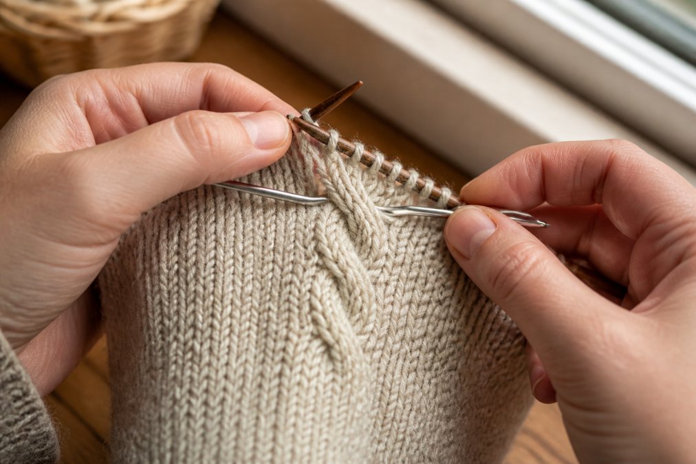 Close-up of knitter's hands performing a cable cross with a cable needle, showing stitches being held to the front while working the cable crossing over stockinette stitch fabric with natural window lighting