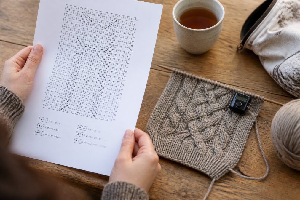 Knitter's hands holding a printed cable knitting chart next to an in-progress cable knit swatch on needles, with a row counter clipped to the work and a cup of tea nearby on a wooden table