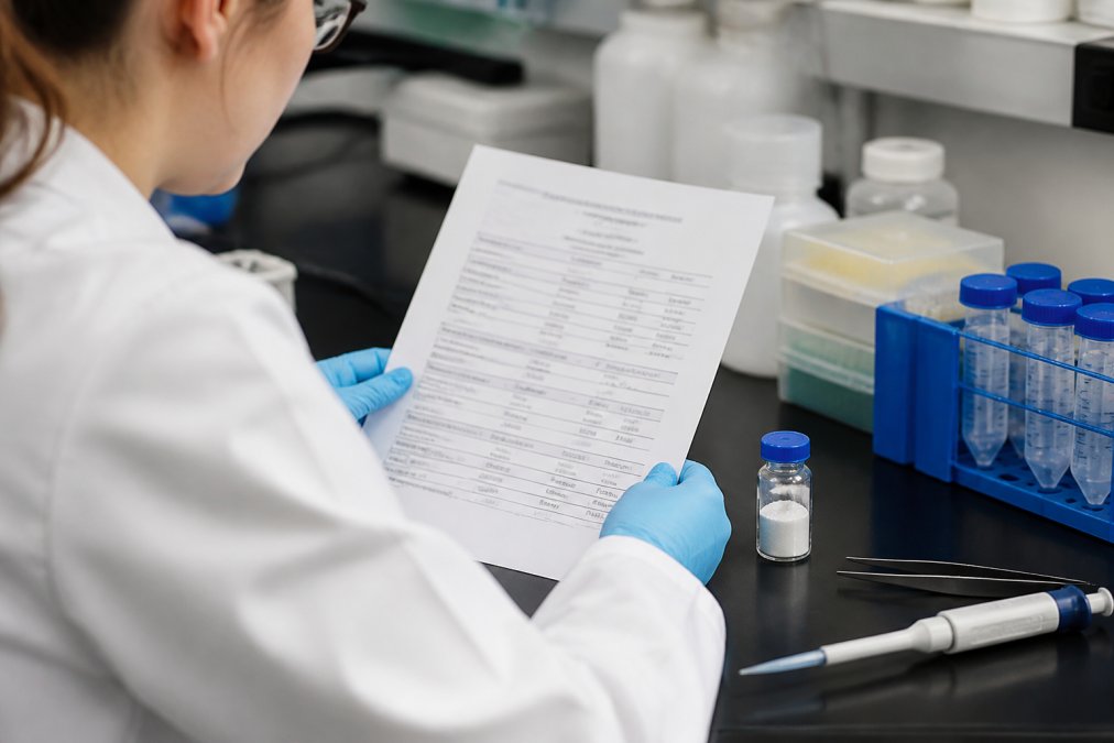 Researcher in a lab coat reviewing a legit peptide COA document next to a vial of lyophilized powder