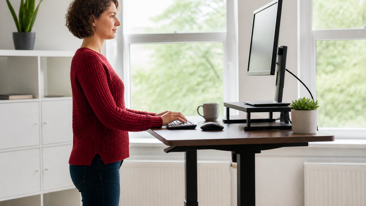 Diagram illustrating ergonomic standing desk posture to prevent standing desk neck pain through correct alignment.