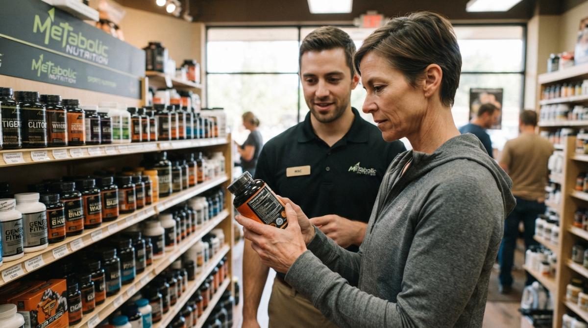 Hands examining a supplement label and certification seal at a trustworthy supplement store
