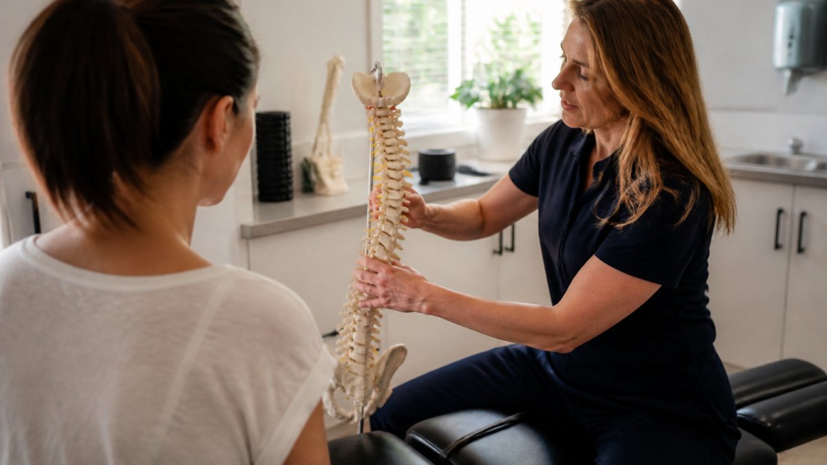 Chiropractor performing an evidence-based assessment with a patient reviewing posture analysis on screen