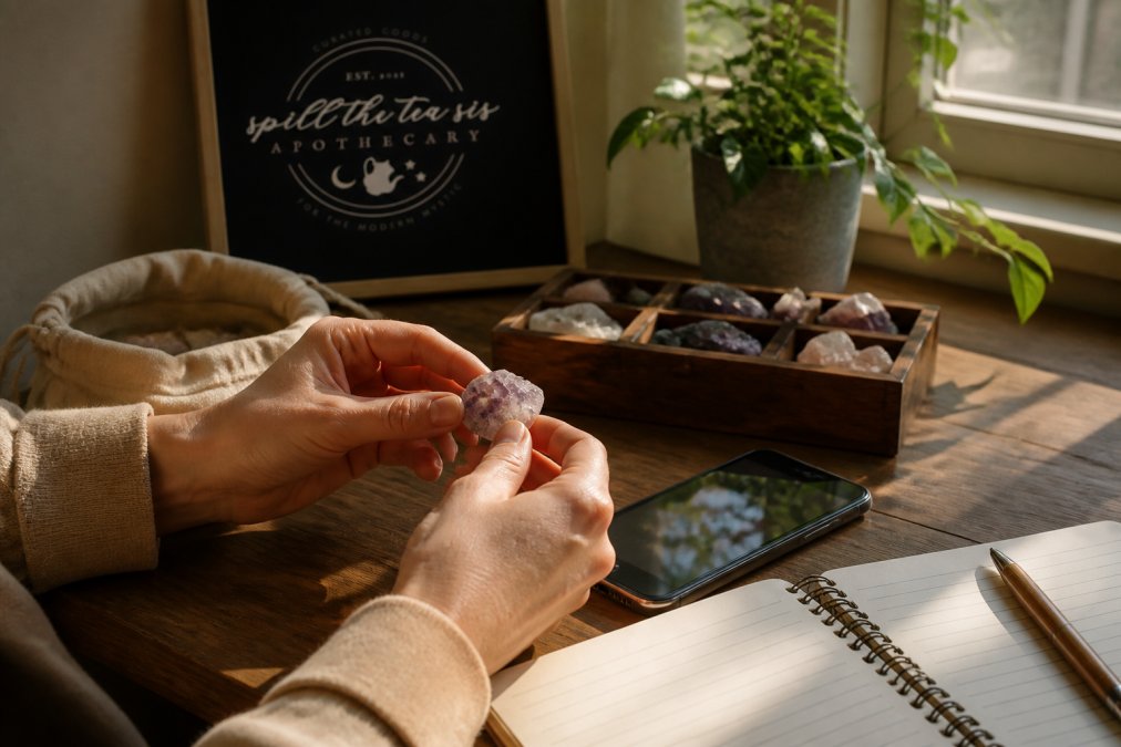 A close-up photograph of a person's hands holding a small, rough crystal next to a smartphone displaying a map or supply chain app, with a notebook and pen on a wooden table in a cozy, sunlit room