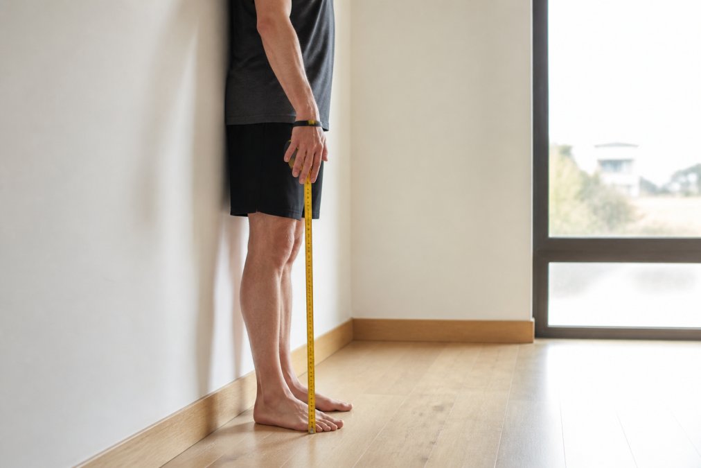 Golfer measuring wrist-to-floor distance to ensure proper golf clubs fit while standing against a wall