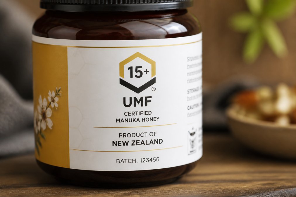 Close-up of a manuka honey jar label showing UMF 15+ certification logo, "Produce of New Zealand" origin statement, and batch number clearly visible on amber glass container under natural lighting