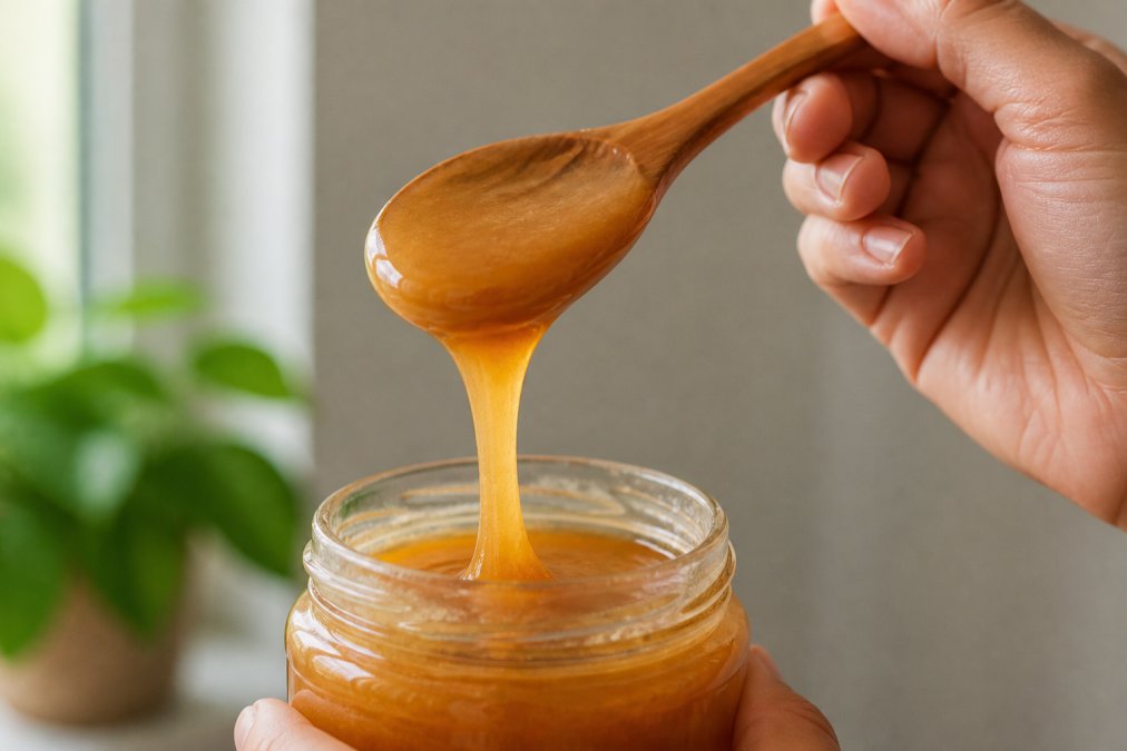 Hands holding a wooden spoon with authentic manuka honey dripping slowly, showing thick creamy texture and golden amber color against a neutral background with natural window lighting