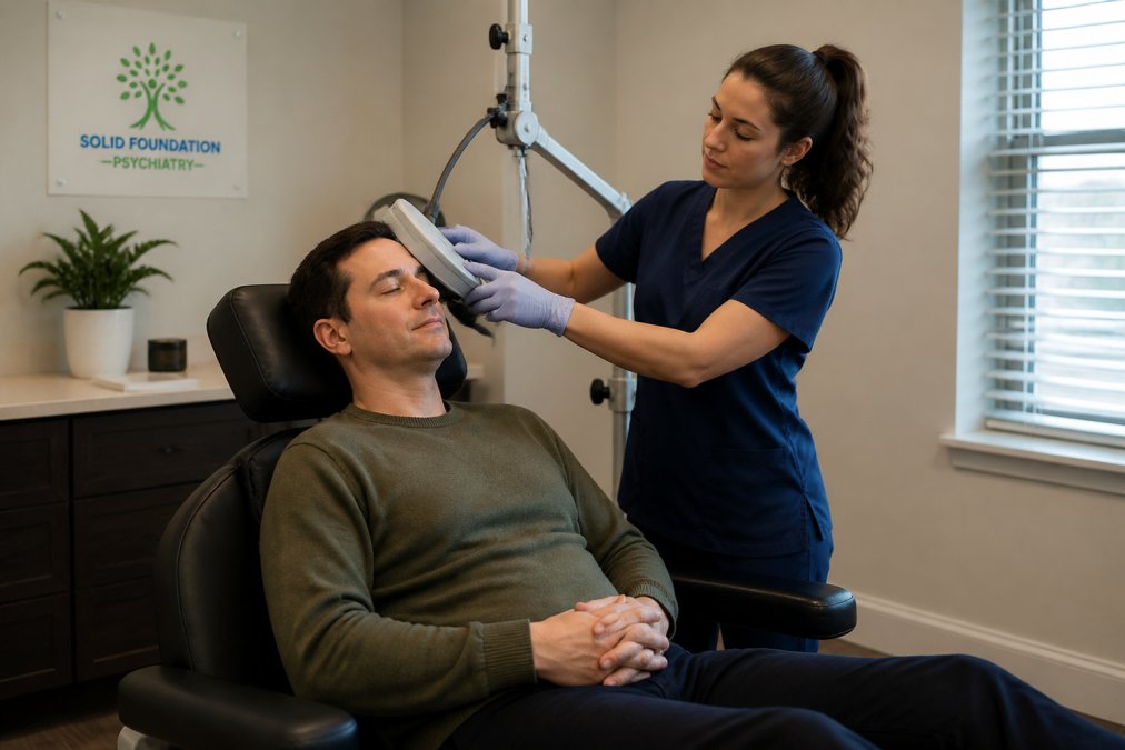 A patient seated comfortably in a reclining treatment chair with a TMS coil positioned near their head, a caring clinician nearby adjusting equipment in a calm, softly lit clinic room