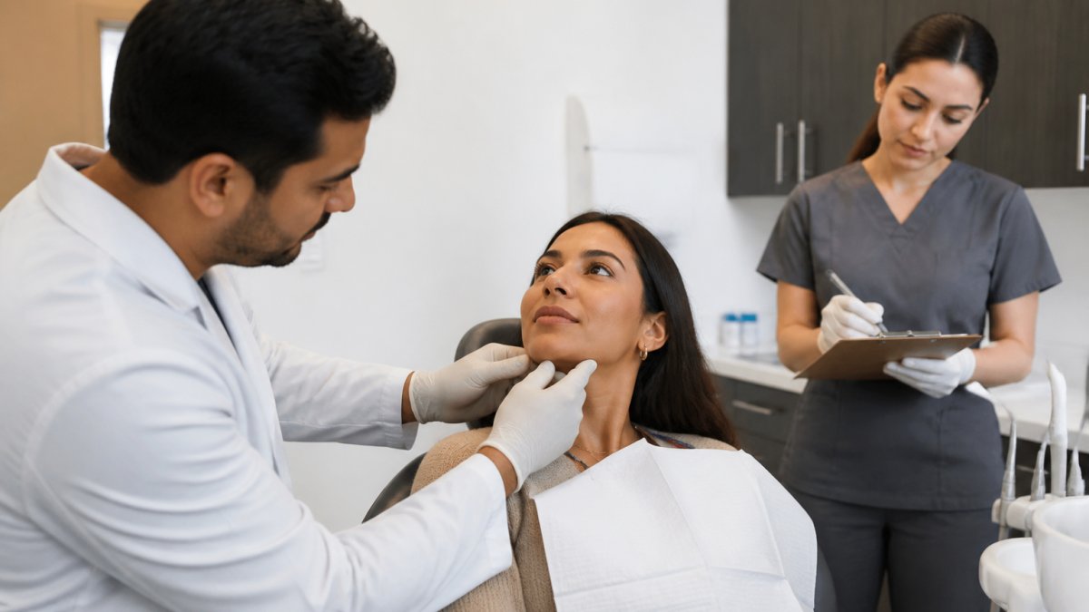 Dentist performing a comprehensive dental exam by checking a patient’s jaw and neck in a modern office.