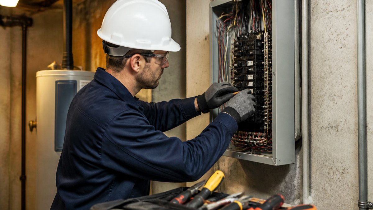 Licensed electrician examining a home electrical panel, indicating when to call a professional for home repairs.