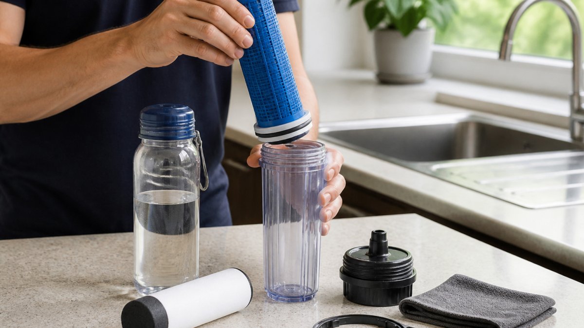 Hands removing a blue filtration cartridge from a bottle by a kitchen sink