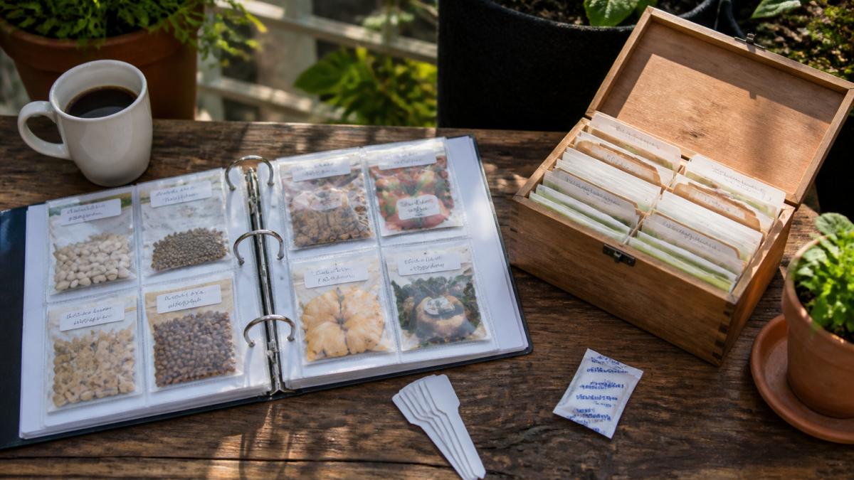 Flat-lay overhead shot of various seed storage options including an open ring binder with photo sleeves filled with labeled seed packets, a wooden recipe box with cardboard dividers, small white labels, and a silica gel packet arranged on a wooden table with natural morning light
