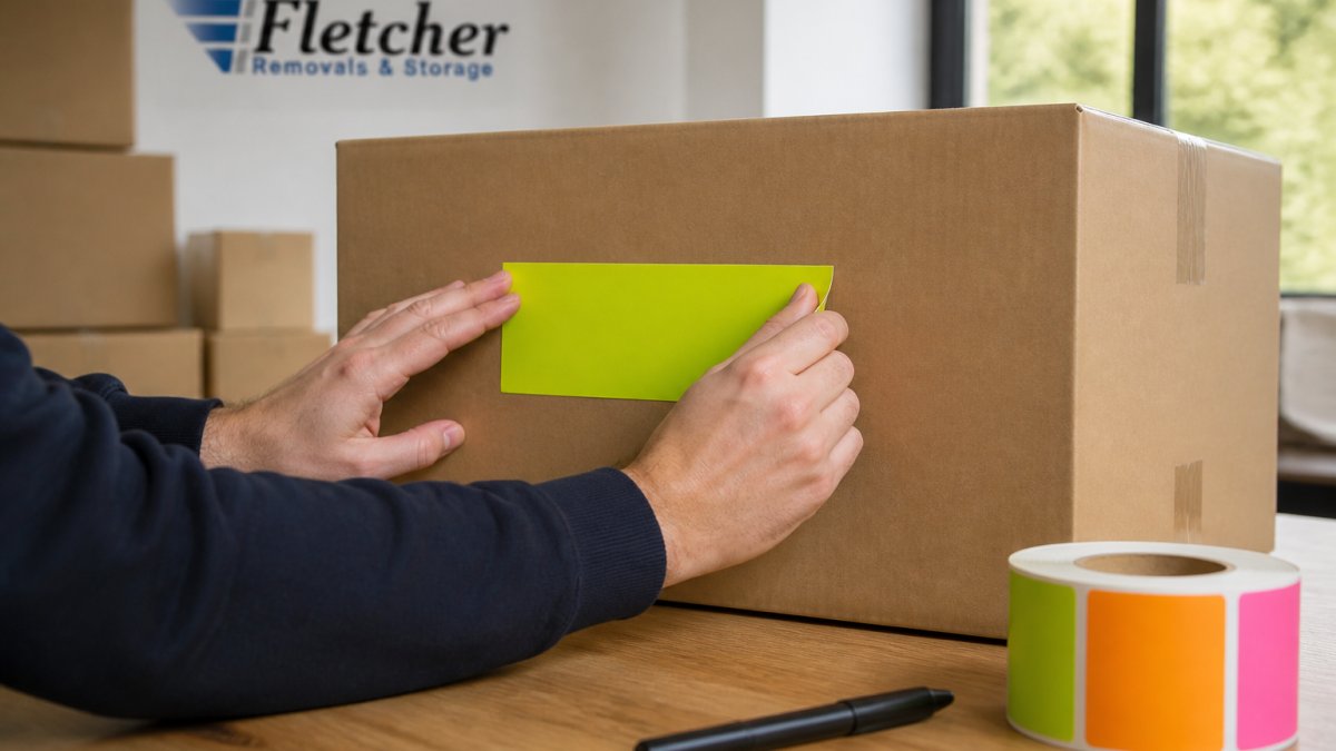 Close-up of hands pressing a bright coloured sticker label onto a cardboard moving box, with a permanent marker and a roll of coloured labels on a wooden table nearby, soft daylight from a window