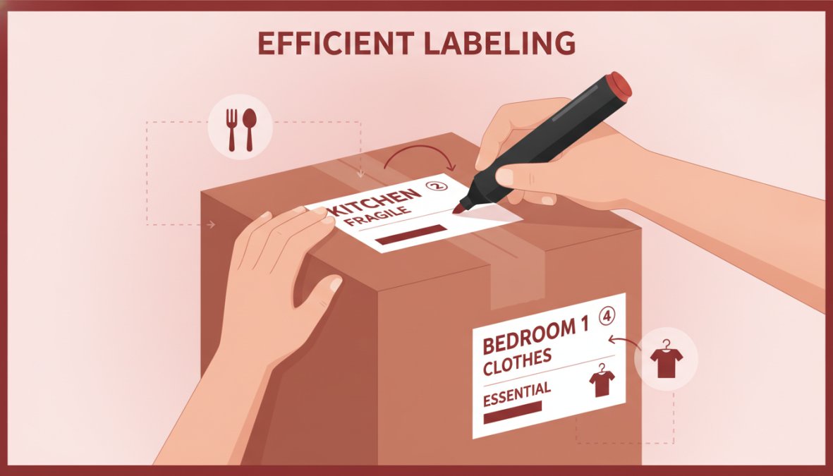 Close-up of hands labeling a cardboard moving box with a permanent marker, showing clear, legible writing on the top surface with proper marker grip and box positioning
