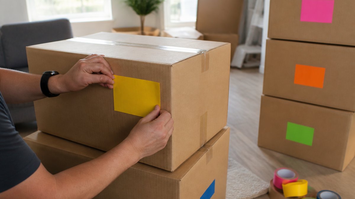 Hands applying a bright color-coded label to moving boxes in a living room