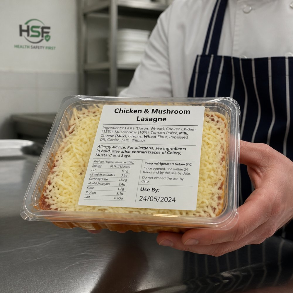 Infographic showing how to label prepacked food for sale in the UK with allergen and nutrition details.