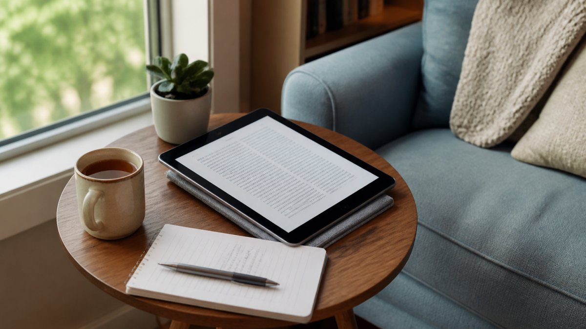 A cozy reading nook with a tablet displaying a book manuscript, a notebook and pen nearby, and a cup of tea on a small table, suggesting an advance reader reviewing a new title