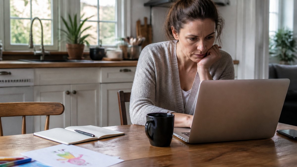 A parent working on a laptop at a kitchen table with a notebook, coffee mug, and a child's drawing nearby, warm natural light