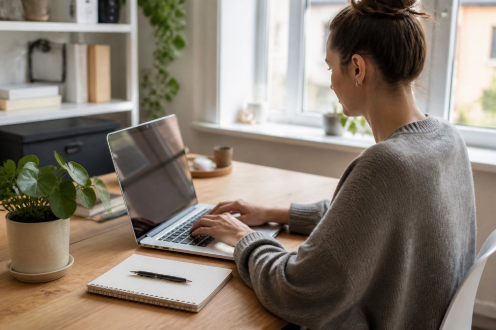 A person working on a laptop in a bright home office, with a landing page template visible on screen and a notebook beside them