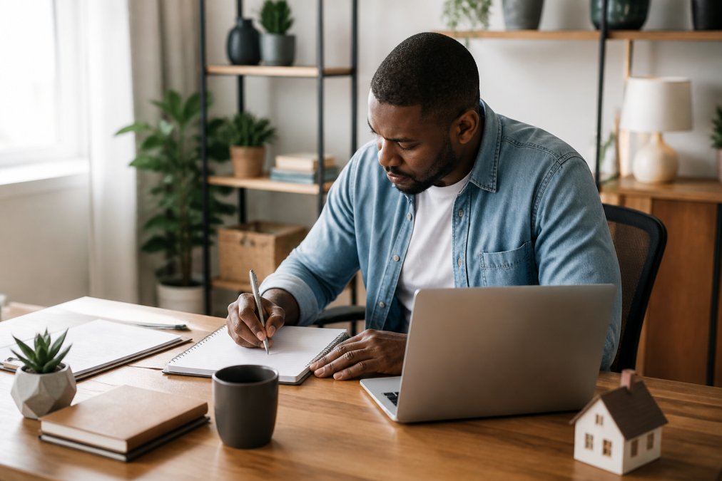 Person in business casual attire writing a business plan on a laptop at a bright home office desk