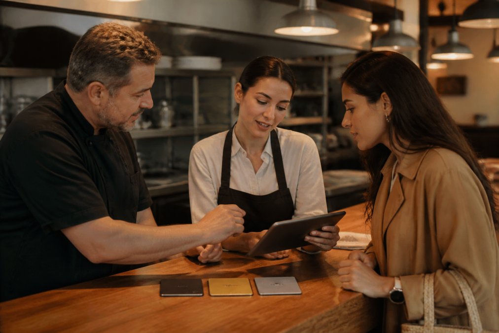 Restaurant owner and manager discussing membership tier options with a customer at the counter, reviewing membership cards and benefits on a tablet with warm lighting