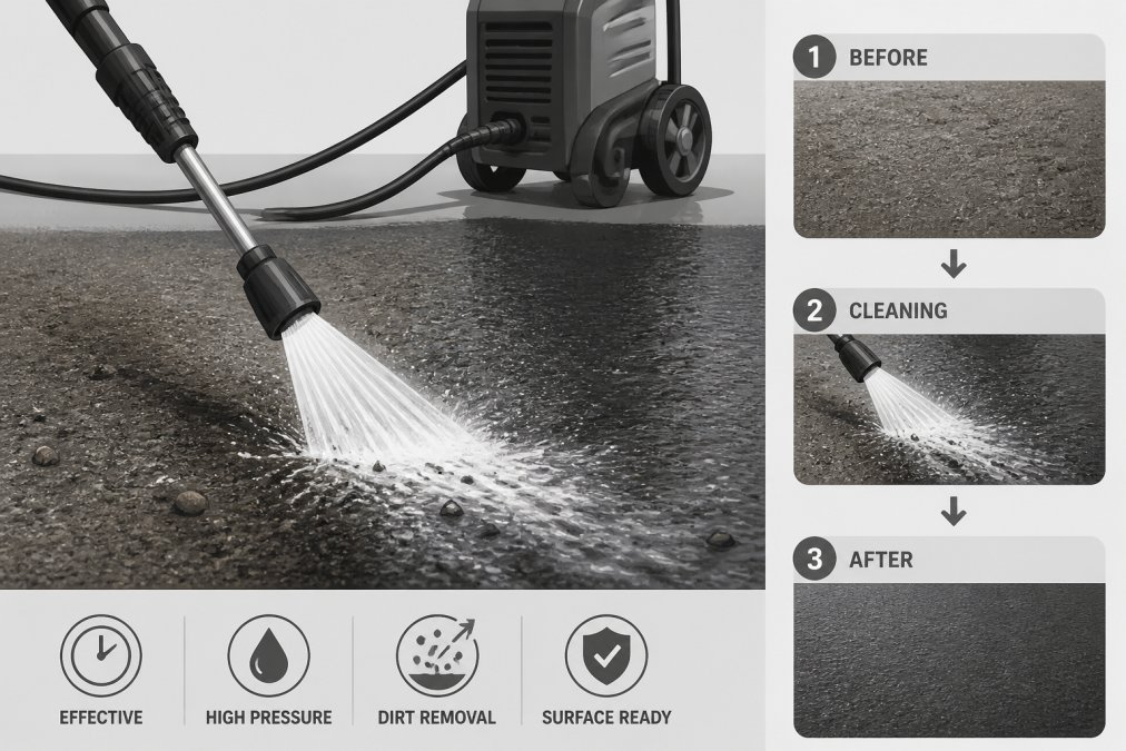 Close-up of high-pressure water spray cleaning tarmac driveway surface, showing dirt and debris being removed with water mist visible