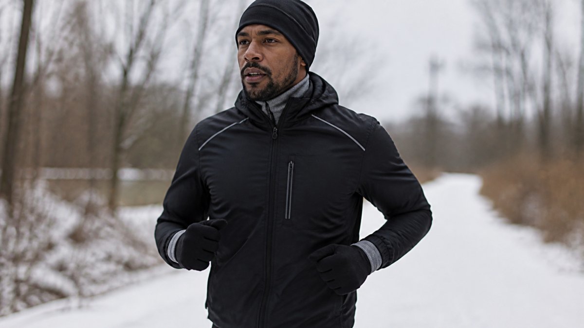 Athlete wearing complete three-layer winter outfit during outdoor training in cold conditions, base layer visible at neck, mid-layer insulation at wrists, outer shell jacket in action