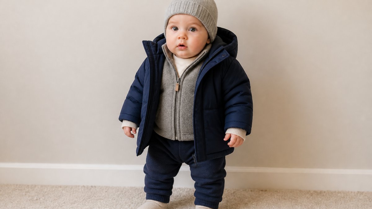 Infant dressed in layered cold-weather outfit with long-sleeve base layer, fleece middle layer, and padded outer jacket, photographed indoors against a neutral background showing the full outfit ensemble