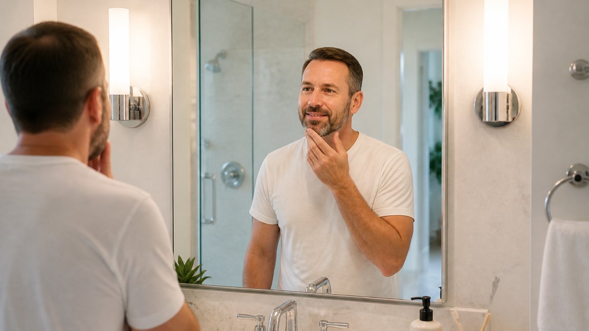 Close-up of a well-lit bathroom vanity mirror with professional side sconces illuminating a person's face evenly, showing clear reflection and minimal shadows under eyes and chin