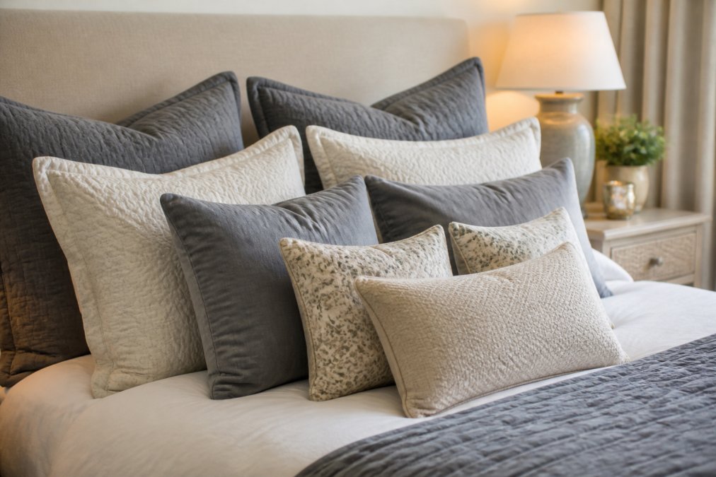 Close-up of a neatly made bed with layered decorative pillows arranged in varying heights and textures, showing euro shams, standard pillows, and smaller accent pillows creating visual depth