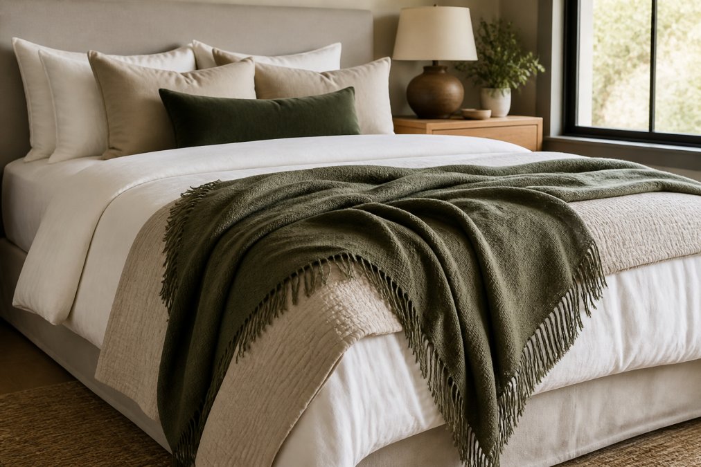 A fully styled bed with throw blanket draped casually across the foot and side, showing how the textile mix and layered bedding create a cosy, inviting bedroom aesthetic