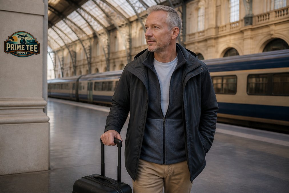 Traveler in a train station wearing a base, mid, and outer layer clothes system for travel comfort.
