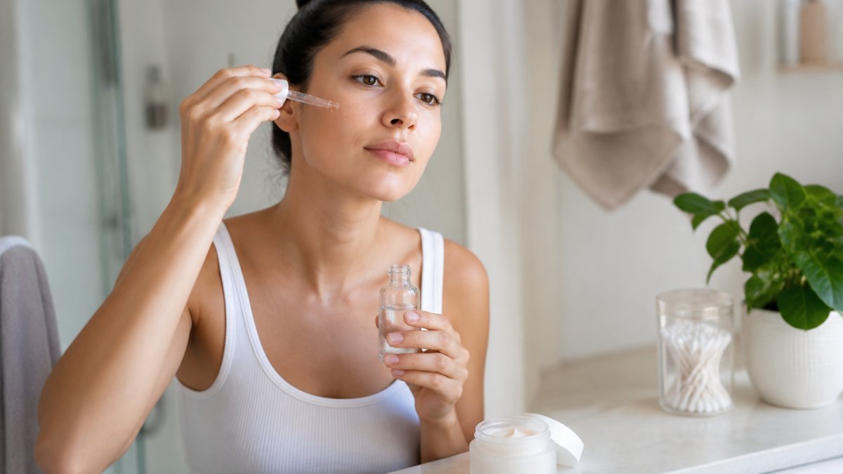 Close-up of a woman's hands applying a drop of lightweight serum to her face, with a small glass bottle and a moisturiser jar on a clean bathroom counter beside her