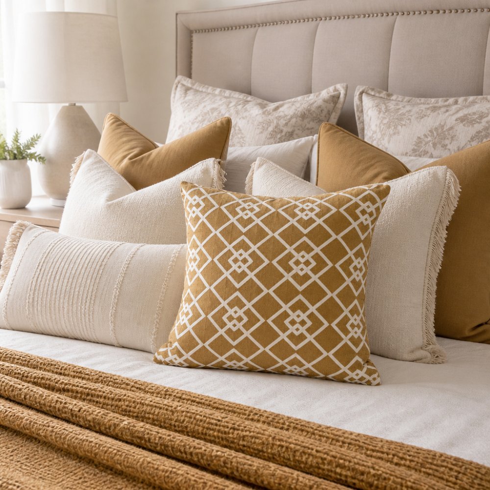 A luxuriously styled bed with layered decorative cushions and throws arranged at the headboard, showcasing different scales, patterns, and textures in a cohesive colour scheme with natural morning light filtering through