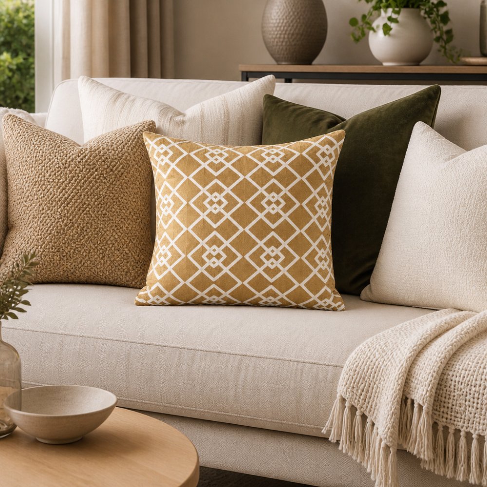 A well-styled sofa featuring multiple layered decorative cushions of varying sizes and textures arranged in an asymmetrical pattern, with natural light highlighting the fabric details and depth and creating visual dimension