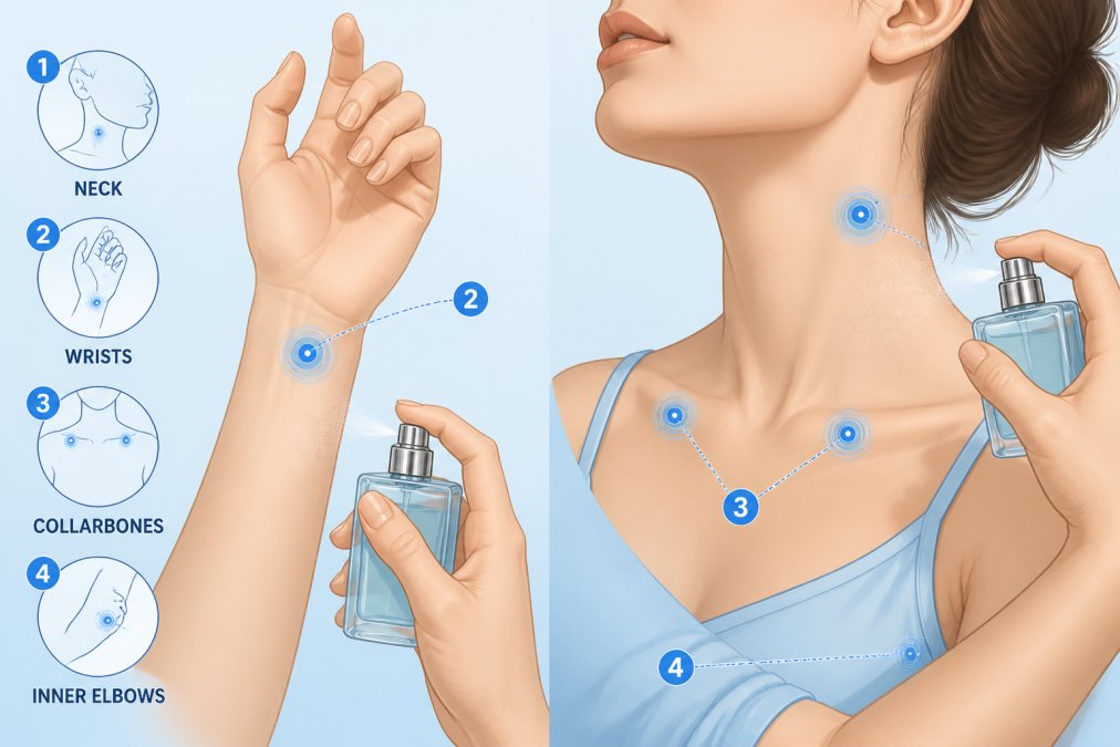 Close-up of a person's wrist and neck showing proper pulse point locations during extrait de parfum application, with hands demonstrating spray technique in natural daylight
