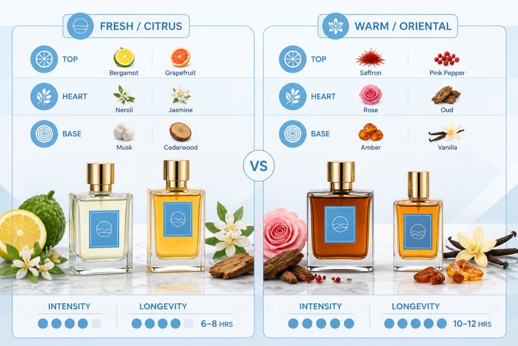 Luxury extrait de parfum bottles with warm amber and clear glass arranged on a marble surface with fresh botanicals and natural light, showing different fragrance profiles side by side