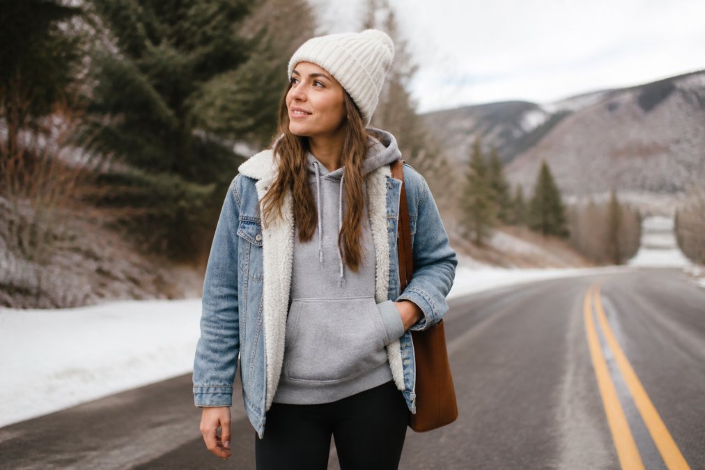 Woman in a cozy layered faith-based apparel hoodie and denim jacket posing in a snowy winter setting